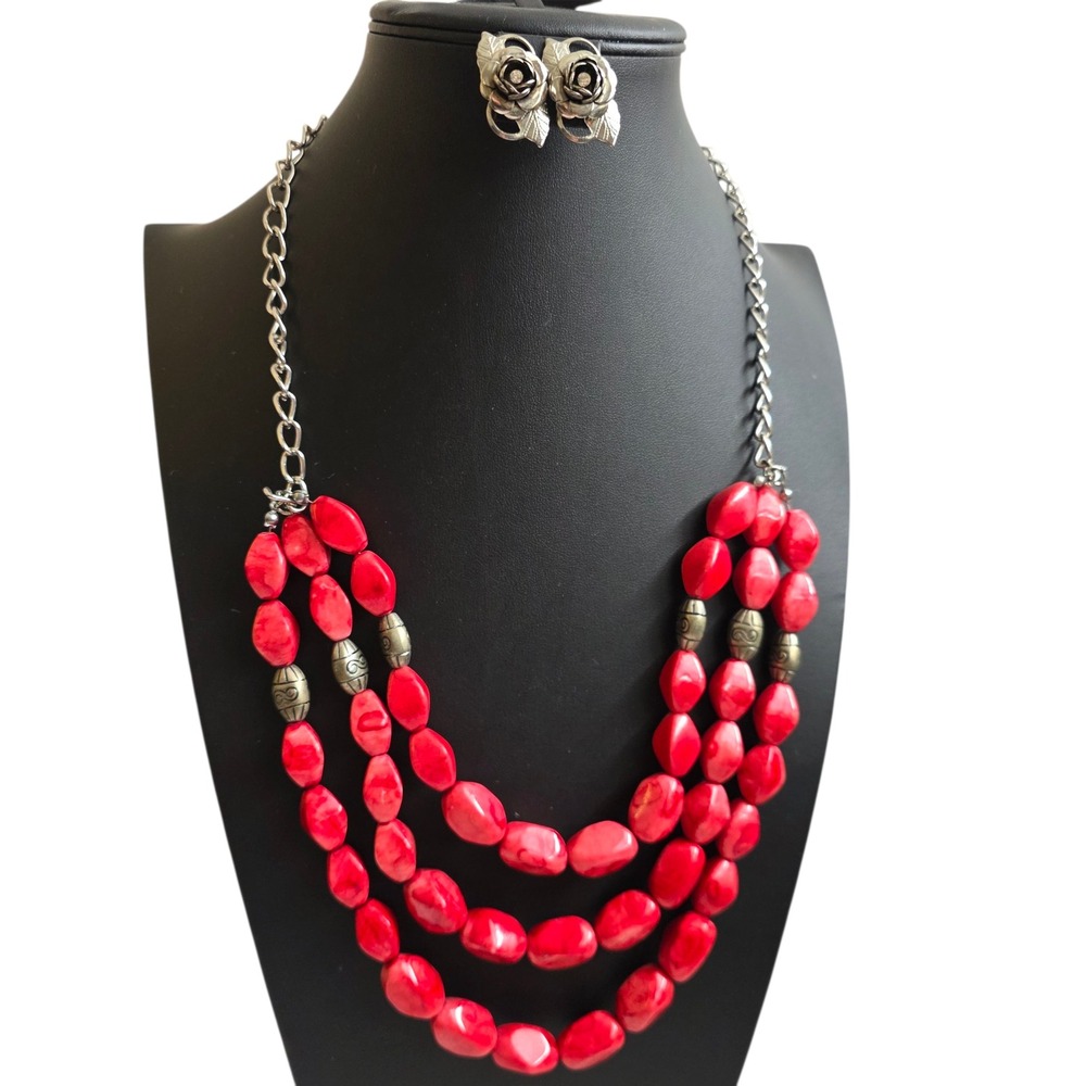 Vintage Red Faux Turquoise Multi Strand Necklace Silver Rose Earring‎ Set Boho